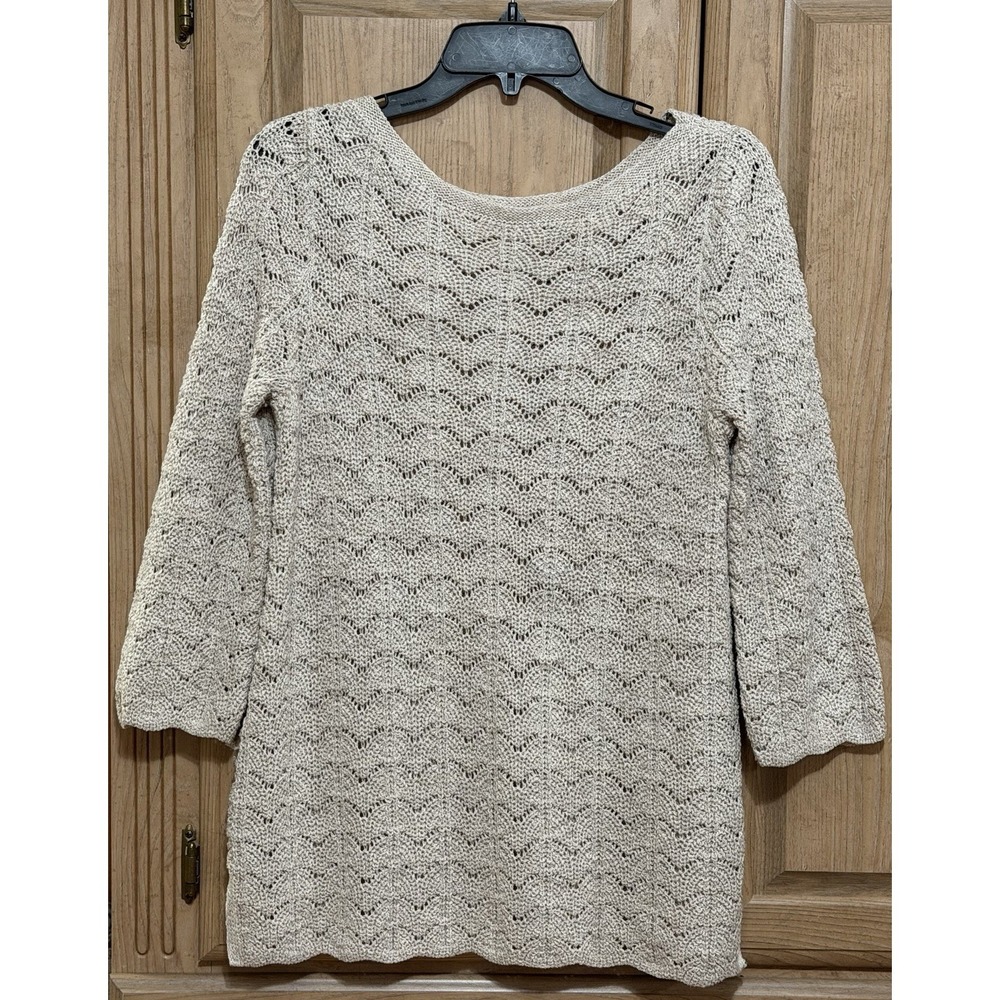 J. Jill Pointelle Knit Sweater Pullover Sz XS Beige Openwork Pattern 3/4 Sleeves